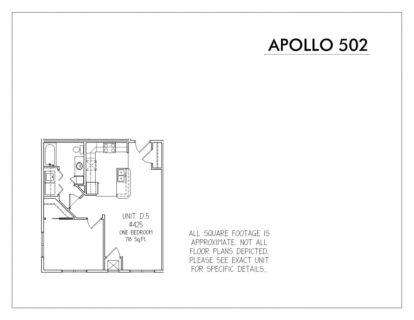 Floor plan for 1 bed, 1 bath, 718 sqft